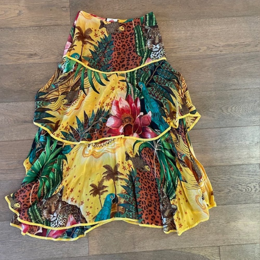 FARM Rio Yellow Tropical Maxi Skirt with Green & Red Accents